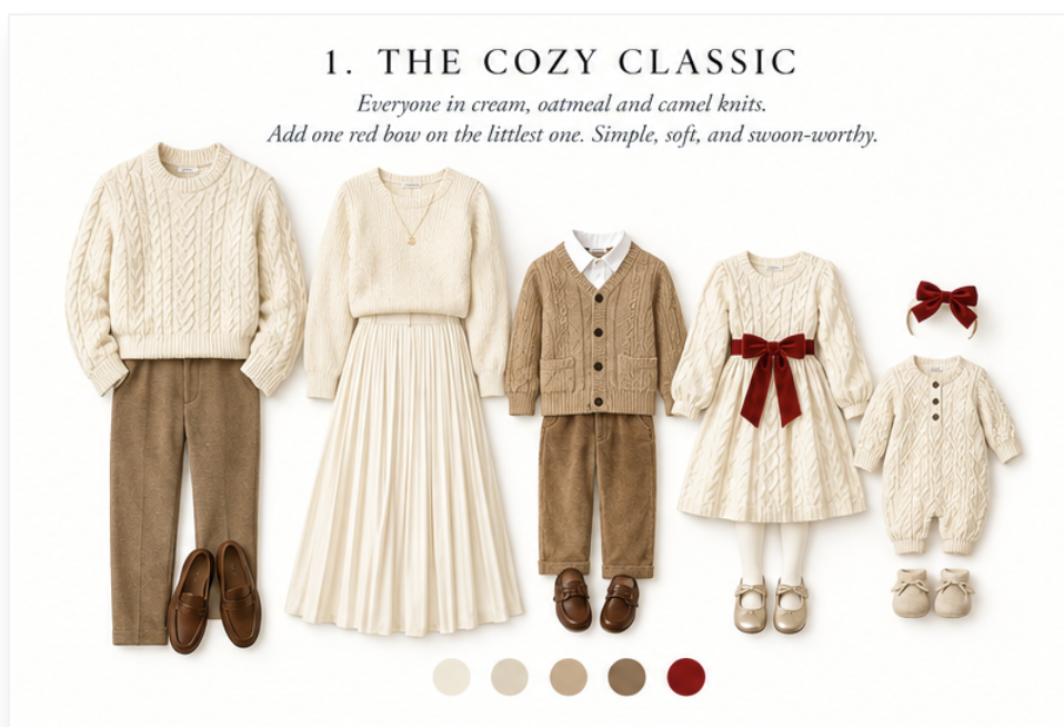 Flat lay of cream and camel knit sweaters and dresses, classic christmas family photo outfits for a Huntington Beach holiday mini session